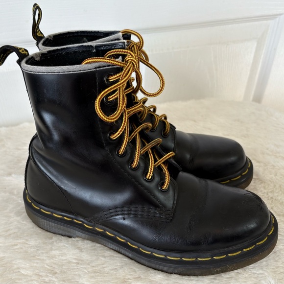 Dr. Martens Shoes - Black Leather Boots with Yellow Laces